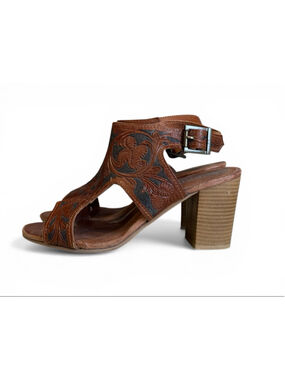 Roper Brown Leather Tooled Heeled Sandals Women’s Size 6 Western Slingback
